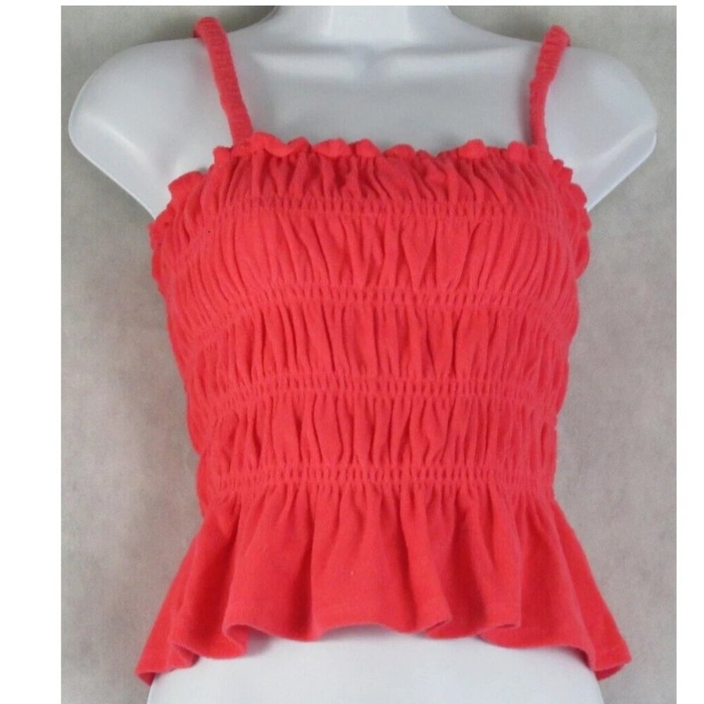 Bar III Women's Terry Cloth Ruffled Smocked Sleeveless Top, Watermelon Punch, XS